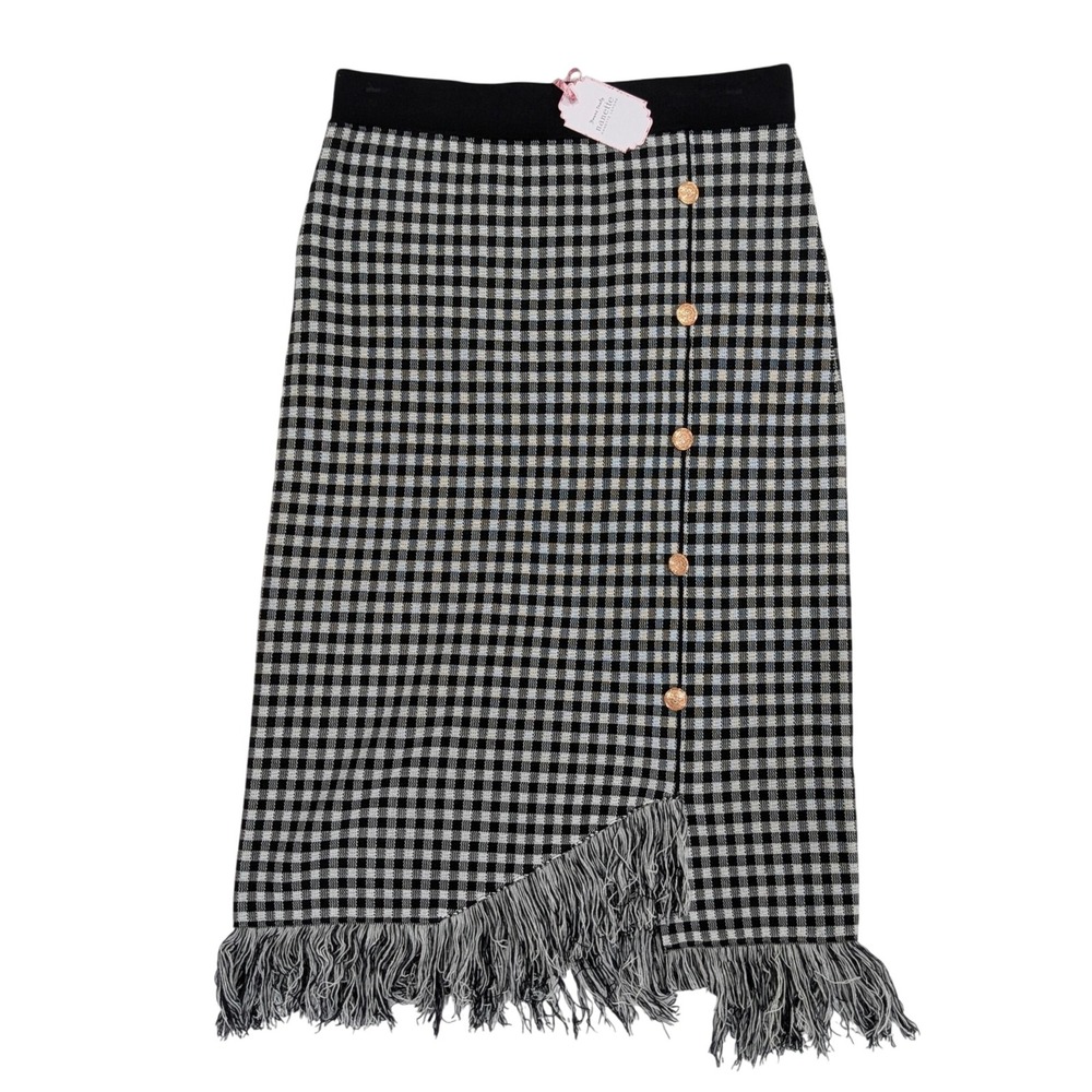 Nanette Lepore NWT Black White Gingham Asymetrical Fringe Hem Festival Skirt L - Picture 5 of 12